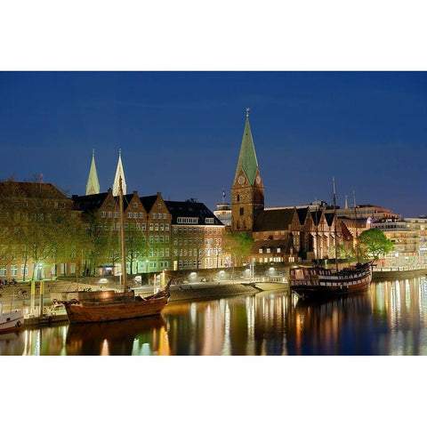 Bremen Hafen bei Nacht White Modern Wood Framed Art Print by Fischer, Rolf