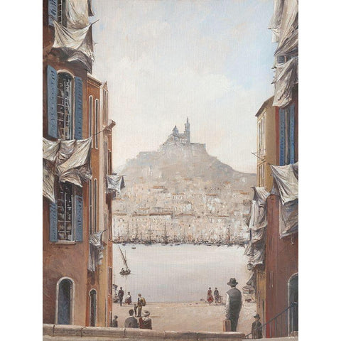 Descente vers le vieux port Black Modern Wood Framed Art Print with Double Matting by Letestu, Yann