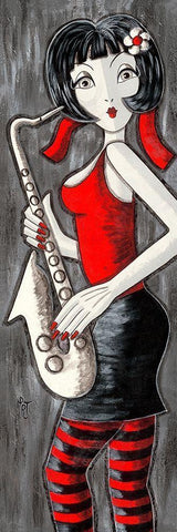 Brune au saxophone White Modern Wood Framed Art Print with Double Matting by MIROTA
