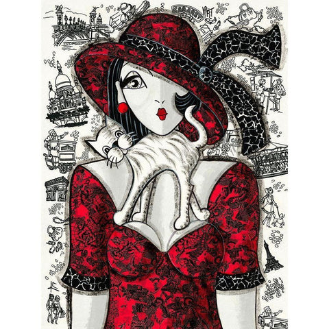 Chat sur robe rouge White Modern Wood Framed Art Print by MIROTA