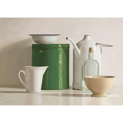 Green tin box-bottle-2 jugs and 2 bowl White Modern Wood Framed Art Print by de Bont, Willem