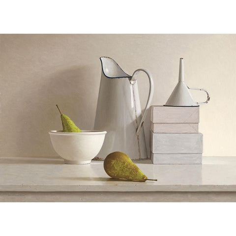 2 pears-2 boxes-jug-bowl and funnel White Modern Wood Framed Art Print by de Bont, Willem