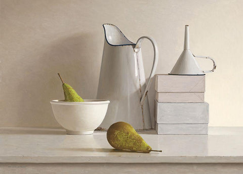 2 pears-2 boxes-jug-bowl and funnel White Modern Wood Framed Art Print with Double Matting by de Bont, Willem