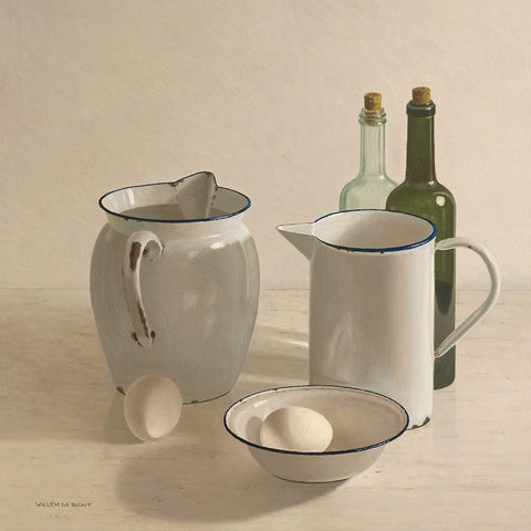 2 jugs-2 bottles-2 eggs and a bowl White Modern Wood Framed Art Print by de Bont, Willem