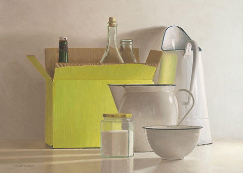 Still life with yellow box-bottles and  White Modern Wood Framed Art Print with Double Matting by de Bont, Willem