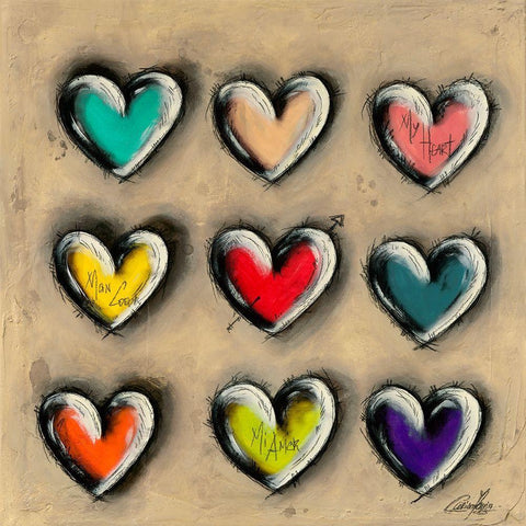 Colored Hearts I Black Ornate Wood Framed Art Print with Double Matting by Mougin, Carine