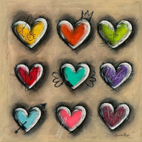 Colored Hearts III Black Ornate Wood Framed Art Print with Double Matting by Mougin, Carine