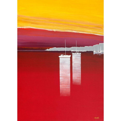 Bateaux rouges White Modern Wood Framed Art Print by Moune, Pierre