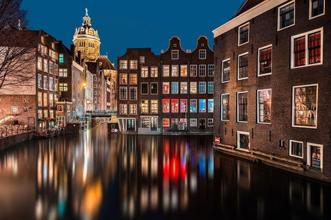 Amsterdam by Night White Modern Wood Framed Art Print with Double Matting by Bertrande, Arnaud