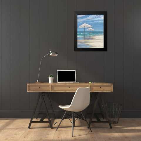 Seascape with Umbrellas - White Black Modern Wood Framed Art Print by Brent, Paul