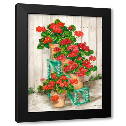 Spindle Shelf Geraniums - Beige Black Modern Wood Framed Art Print by Brent, Paul