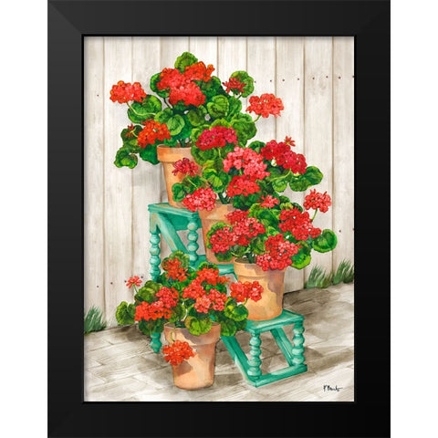 Spindle Shelf Geraniums - Beige Black Modern Wood Framed Art Print by Brent, Paul