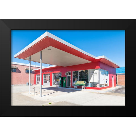 Red Service Station Black Modern Wood Framed Art Print by Malone, Will