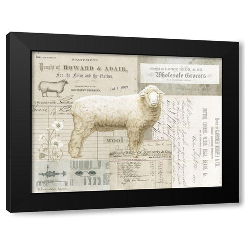 Sheep On Ephemera I Black Modern Wood Framed Art Print with Double Matting by Babbitt, Gwendolyn