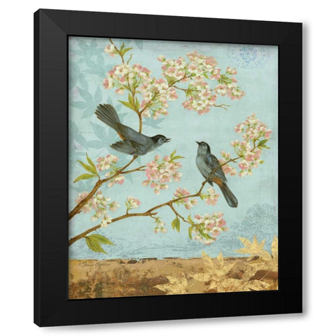 Catbirds and Blooms Black Modern Wood Framed Art Print by Gladding, Pamela