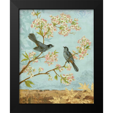 Catbirds and Blooms Black Modern Wood Framed Art Print by Gladding, Pamela