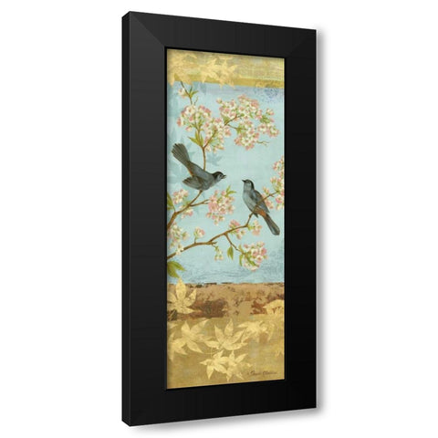 Catbirds and Blooms Panel Black Modern Wood Framed Art Print by Gladding, Pamela