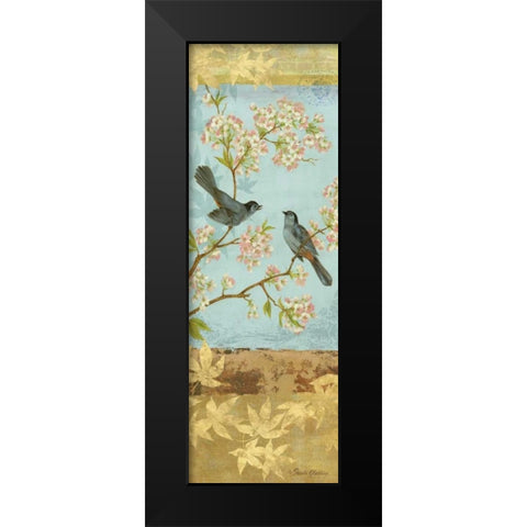 Catbirds and Blooms Panel Black Modern Wood Framed Art Print by Gladding, Pamela