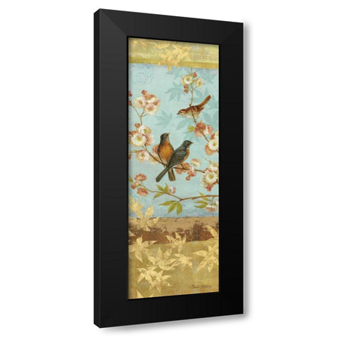 Robins and Blooms Panel Black Modern Wood Framed Art Print by Gladding, Pamela