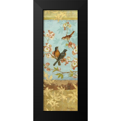 Robins and Blooms Panel Black Modern Wood Framed Art Print by Gladding, Pamela