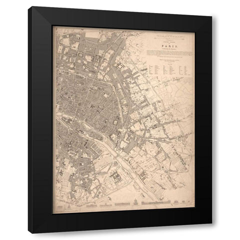 1833 Paris Map Black Modern Wood Framed Art Print with Double Matting by Harbick, N.