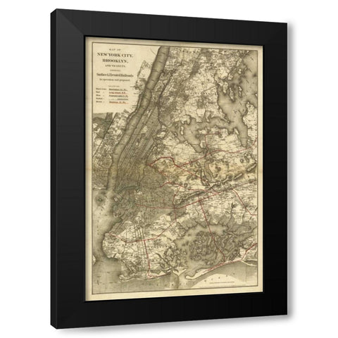 1885 NYC Map Black Modern Wood Framed Art Print with Double Matting by Harbick, N.