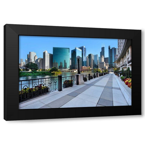 Sidewalk Skyline River Black Modern Wood Framed Art Print with Double Matting by Malvin, Larry