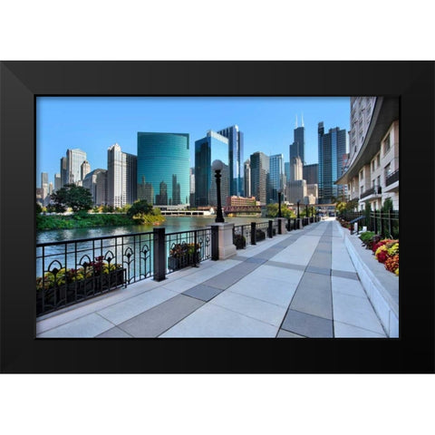 Sidewalk Skyline River Black Modern Wood Framed Art Print by Malvin, Larry