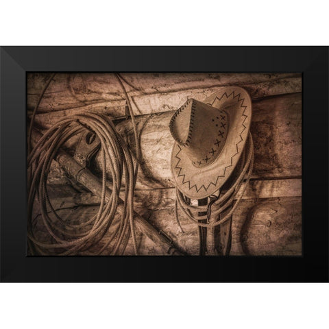 Cowboy Hat and Rope Black Modern Wood Framed Art Print by Mahan, Kathy