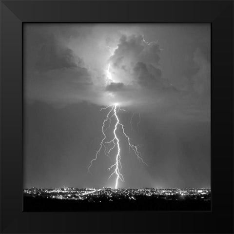 Blue Lightning Sq BW Black Modern Wood Framed Art Print by Taylor, Douglas