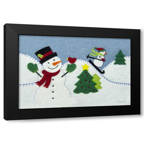 Holiday Snowman Black Modern Wood Framed Art Print with Double Matting by White, Betz