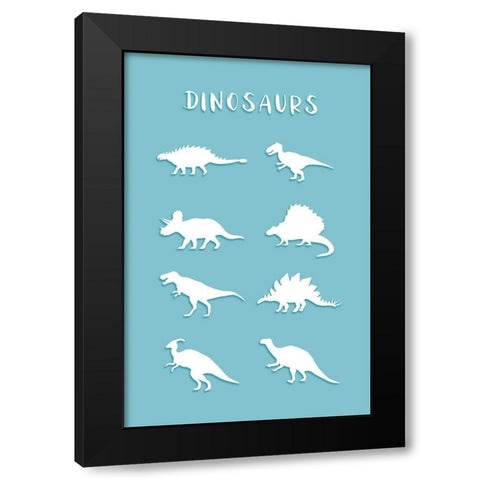 Dinosaurs Cyan Black Modern Wood Framed Art Print by Aesthete