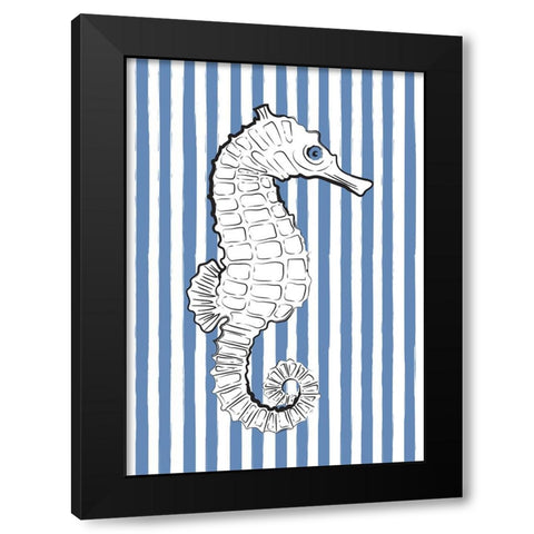 Blue Striped Sea Horse Black Modern Wood Framed Art Print by Aesthete