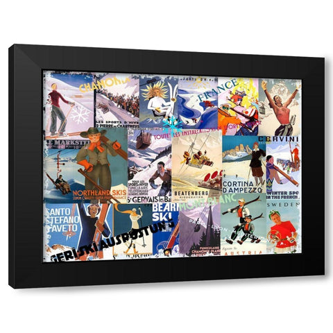 Ski Vacation Collage Black Modern Wood Framed Art Print by Art Licensing Studio