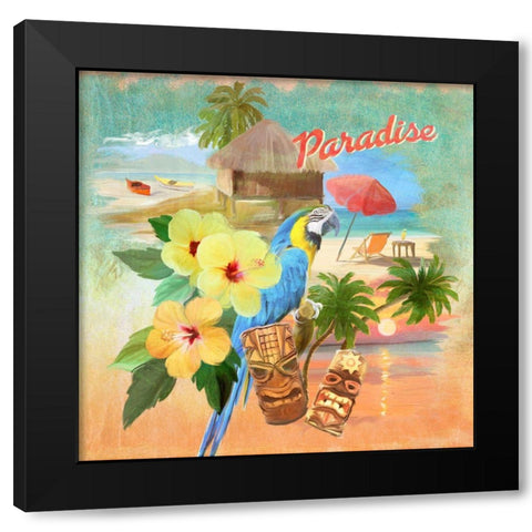 Macaw Cabana Pattern Black Modern Wood Framed Art Print with Double Matting by Art Licensing Studio