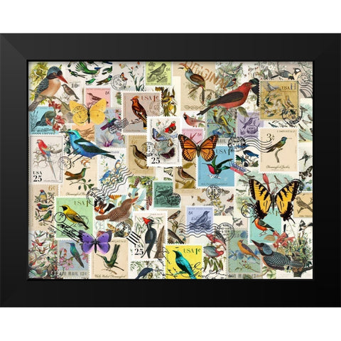 Stamp Collector - Birds and Butterflies Black Modern Wood Framed Art Print by Art Licensing Studio