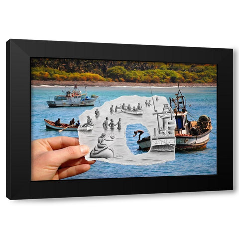 Pencil vs Camera - Boats and Swimmers Black Modern Wood Framed Art Print with Double Matting by Heine, Ben