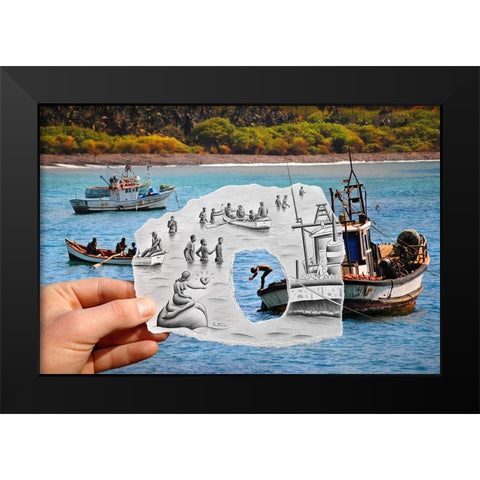 Pencil vs Camera - Boats and Swimmers Black Modern Wood Framed Art Print by Heine, Ben