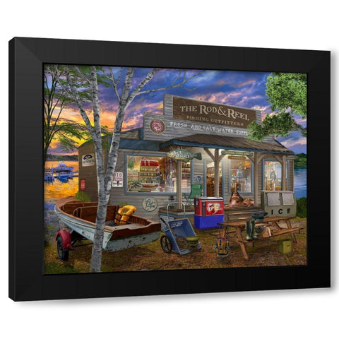 The Rod and Reel Black Modern Wood Framed Art Print with Double Matting by Bigelow Illustrations- Exclusive