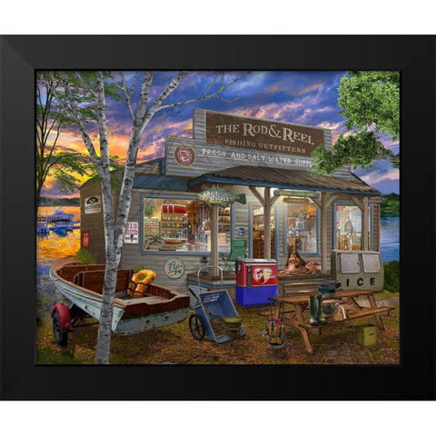 The Rod and Reel Black Modern Wood Framed Art Print by Bigelow Illustrations- Exclusive
