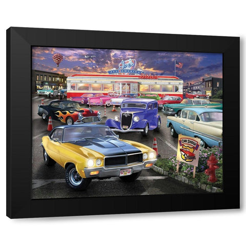 Diner Car Show Black Modern Wood Framed Art Print with Double Matting by Bigelow Illustrations- Exclusive