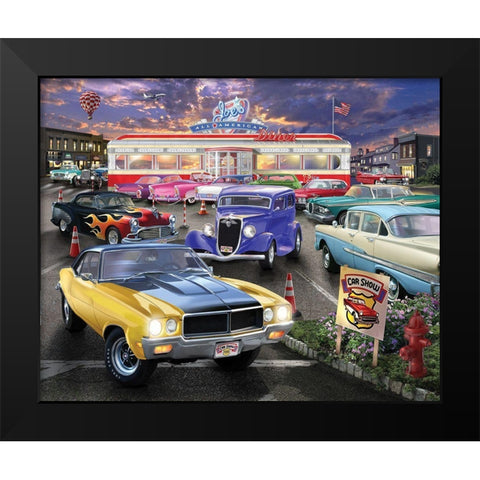 Diner Car Show Black Modern Wood Framed Art Print by Bigelow Illustrations- Exclusive