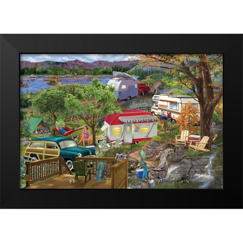 Mountain Camper Black Modern Wood Framed Art Print by Bigelow Illustrations- Exclusive
