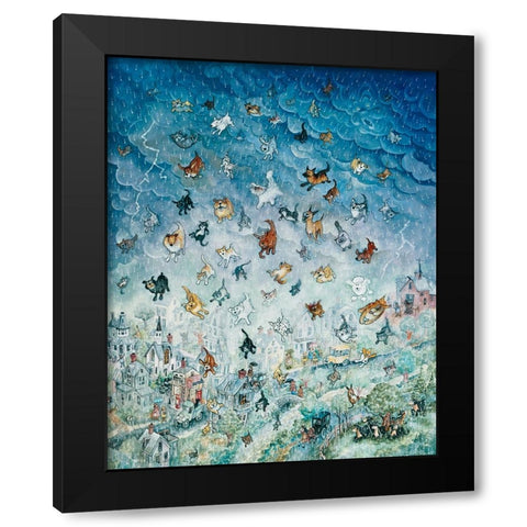 Raining Cats and Dogs Black Modern Wood Framed Art Print by Bell, Bill