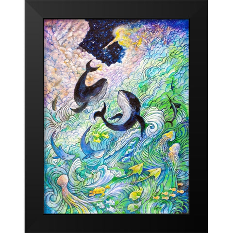 Creation Whales and Fishes Black Modern Wood Framed Art Print by Bell, Bill