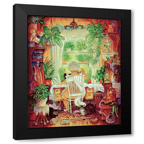 The Sewing Lady 2 Black Modern Wood Framed Art Print by Bell, Bill