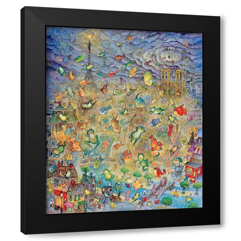 Frogs and Fishes Black Modern Wood Framed Art Print by Bell, Bill