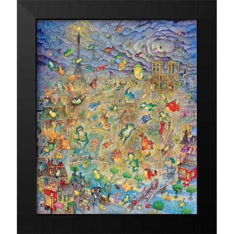 Frogs and Fishes Black Modern Wood Framed Art Print by Bell, Bill