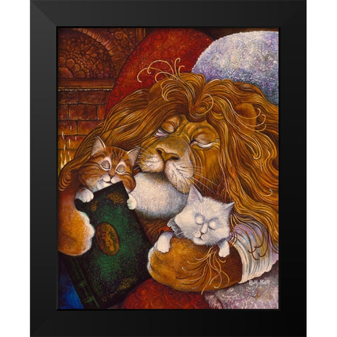 Sleeping Lion Black Modern Wood Framed Art Print by Bell, Bill