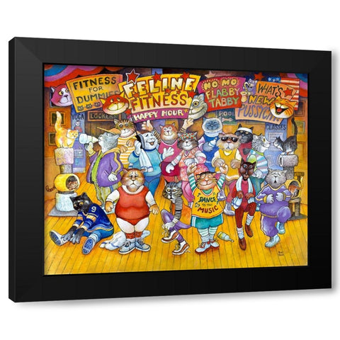 Feline Fitness Black Modern Wood Framed Art Print by Bell, Bill